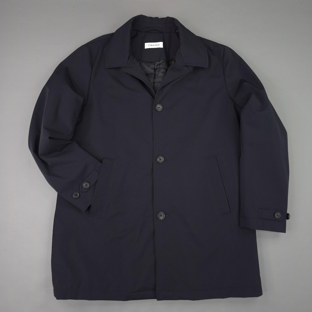 Calvin Klein Coat Mens 42 Blue Nylon Softshell Quilted Lined Overcoat Mid Length